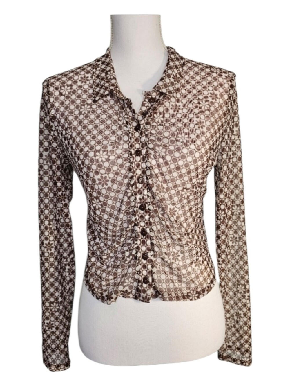 J For Justify Brown Cream Sheer Mesh Circles Flower Pattern Button Down Size L